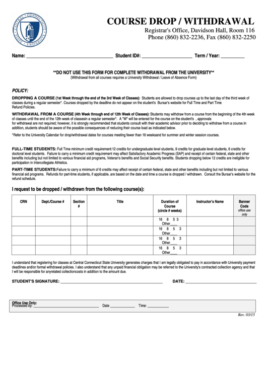 Course Drop/withdrawal Form March 2015 Printable pdf