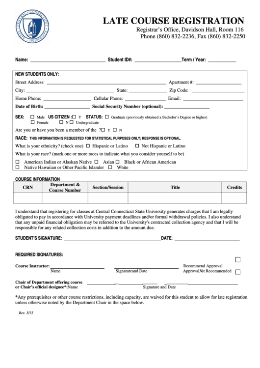 Late Course Registration Form March 2015 Printable pdf