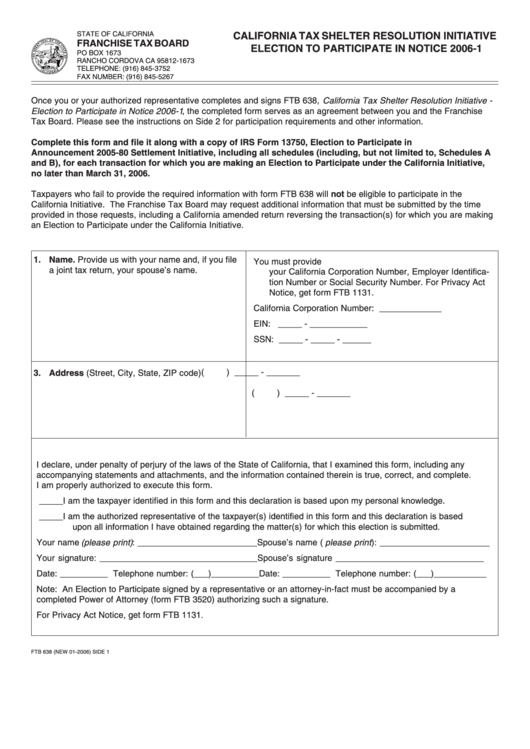 Form Ftb 638 - California Tax Shelter Resolution Initiative Election To Participate In Notice 2006-1 Printable pdf