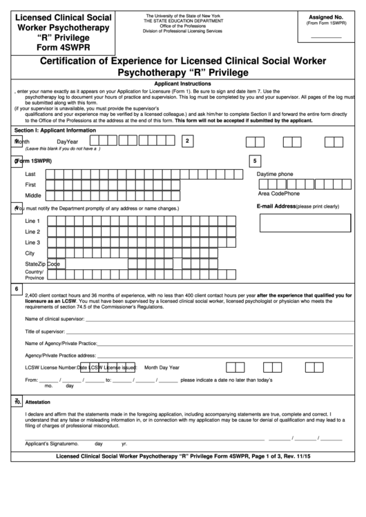 Form 4swpr - Certification Of Experience For Licensed Clinical Social Worker Psychotherapy "R" Privilege Printable pdf