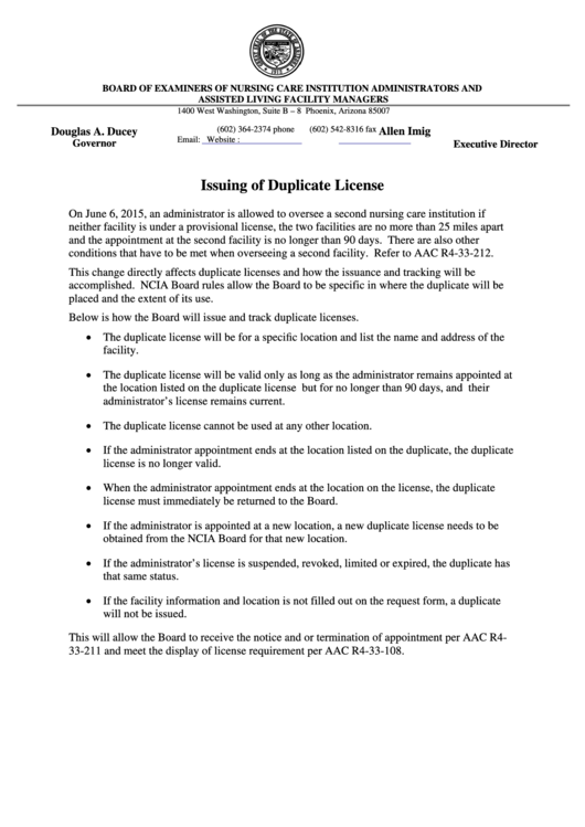 Issuing Of Duplicate License-Duplicate Administrator License Request Form Printable pdf