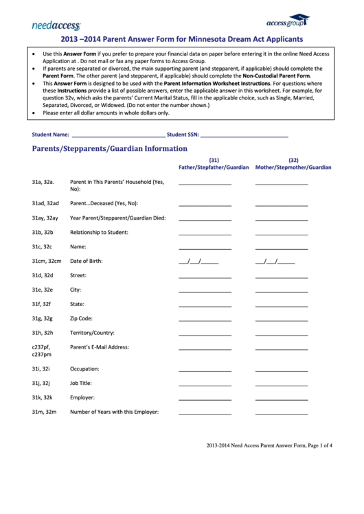 Parent Answer Form 2013 - 2014 Printable pdf