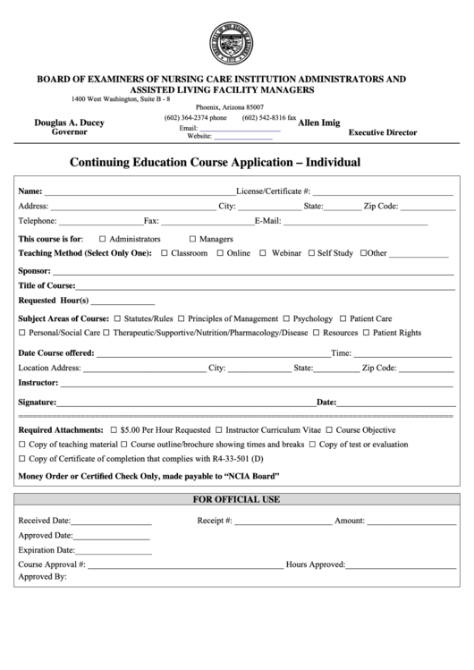 Continuing Education Course Application - Individual Form Printable pdf