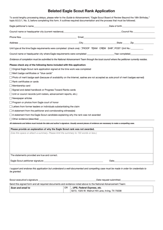 Fillable Form 512-076-Belated Eagle Scout Rank Application Form - 2016 Printable pdf