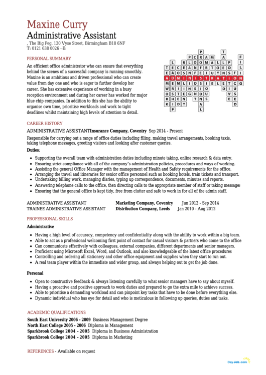 Administrative Assistant Sample Resume Template Printable pdf
