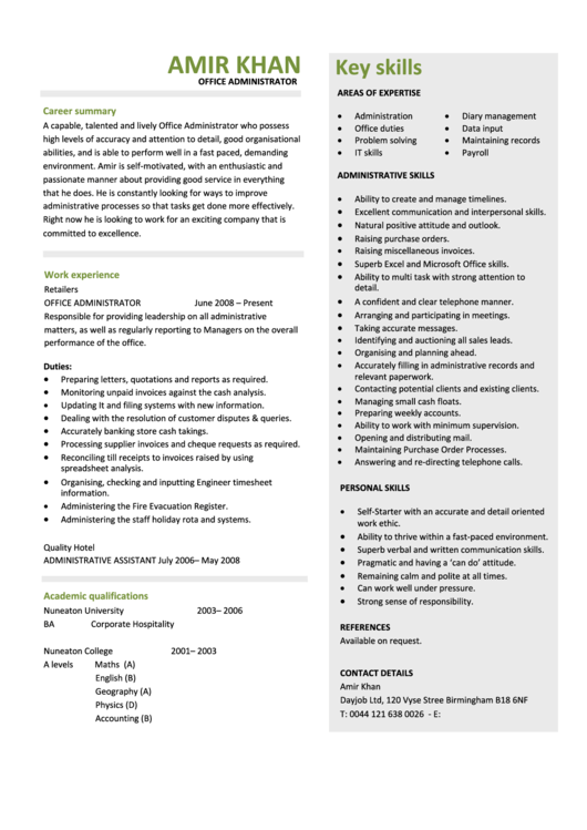 Office Administrator - Sample Resume Template Printable pdf