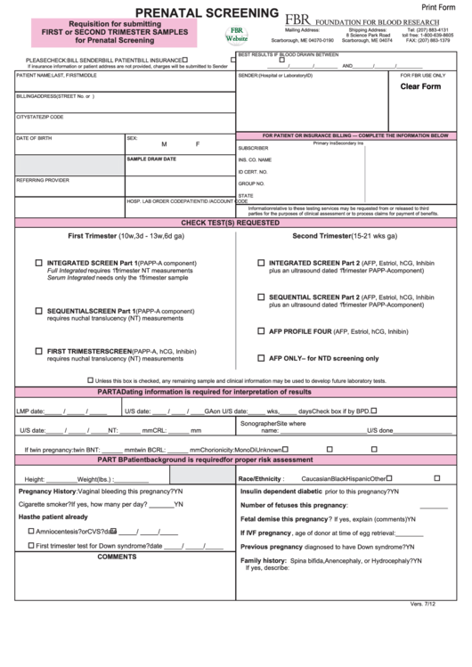 Fillable Prenatal Screening Form Printable pdf