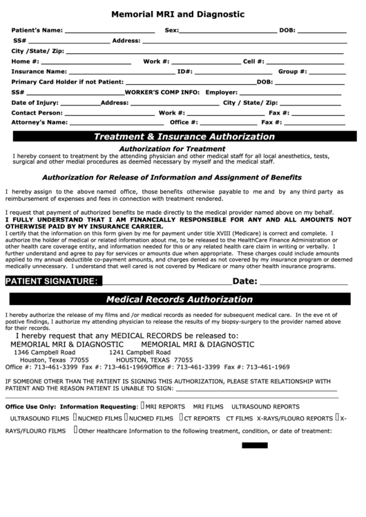 Memorial Mri And Diagnostic Form Printable pdf