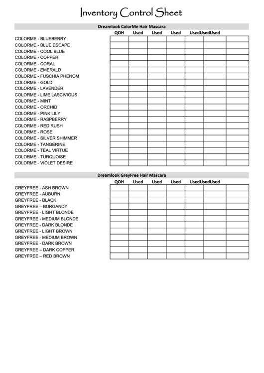 Inventory Control Sheet