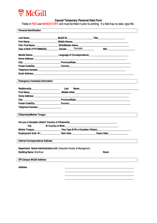Fillable Casual Temporary Personal Data Form Printable pdf