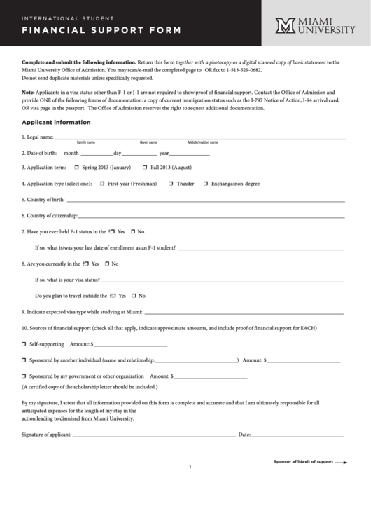 Fillable Financial Support Form - Miami University Printable pdf