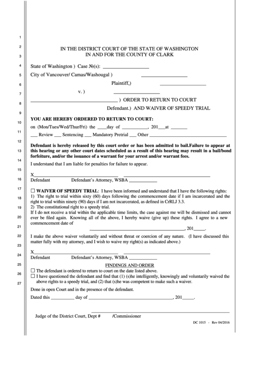 Fillable Form Dc 1015-Order To Return To Court And Waiver Of Speedy Trial Printable pdf