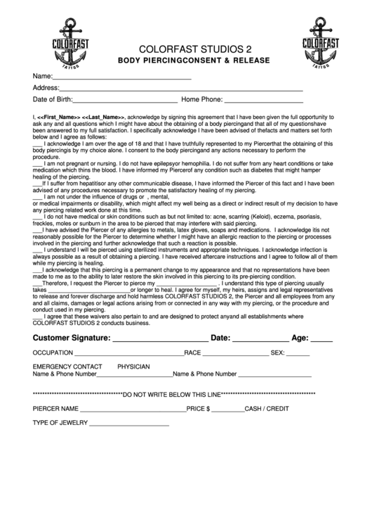 Body Piercing Consent & Release Form Printable pdf