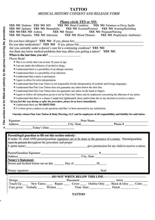 Tattoo Medical History Consent And Release Form Printable Pdf Download