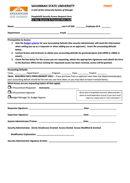Fillable Peoplesoft Security Access Request Form (For Faculty & Staff) Printable pdf