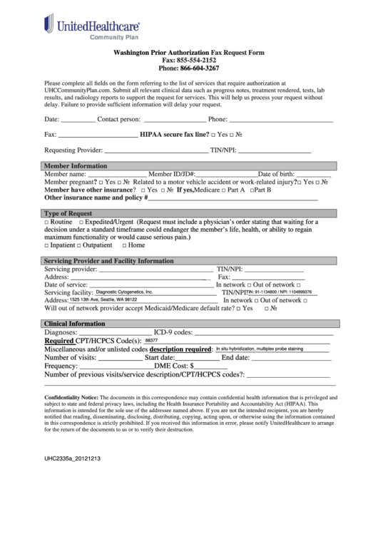 Fillable Washington Prior Authorization Fax Request Form - Unitedhealthcare Printable pdf