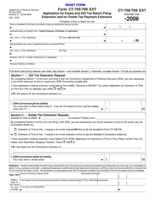 Fillable Form Ct 706-709 Ext - Application For Estate And Gift Tax Return Filing Extension And For Estate Tax Payment Extension - 2006 Printable pdf