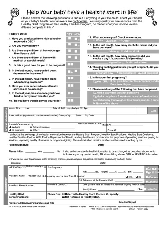 Form Dh 3134, 04/08 - Help Your Baby Have A Healthy Start In Life! Printable pdf