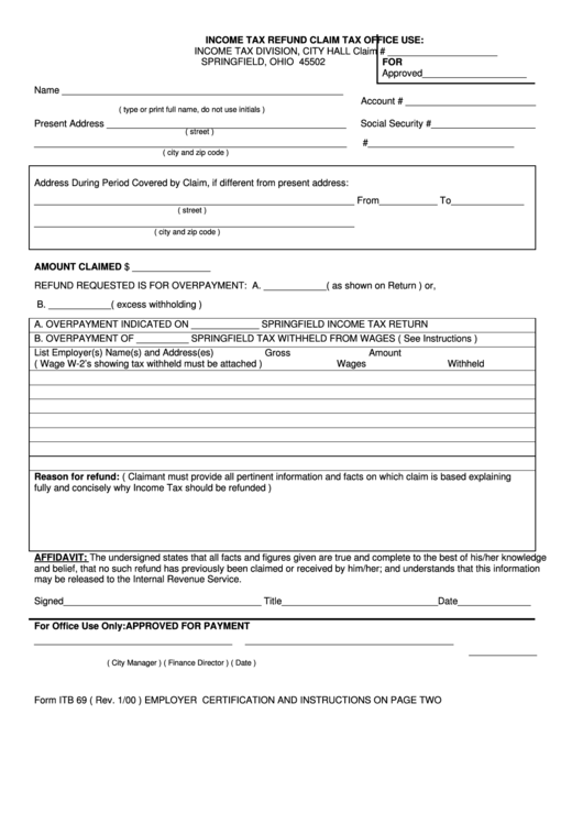 Form Itb 69 - Income Tax Refund Claim Printable pdf