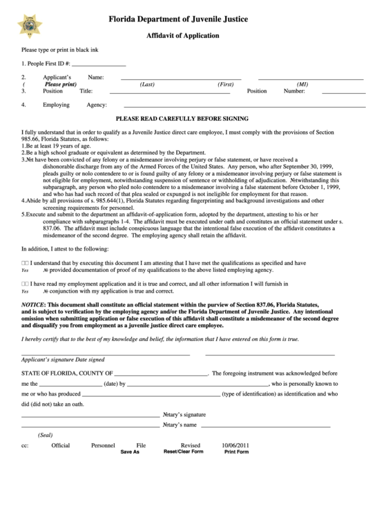 Fillable Affidavit Of Application Form Printable pdf