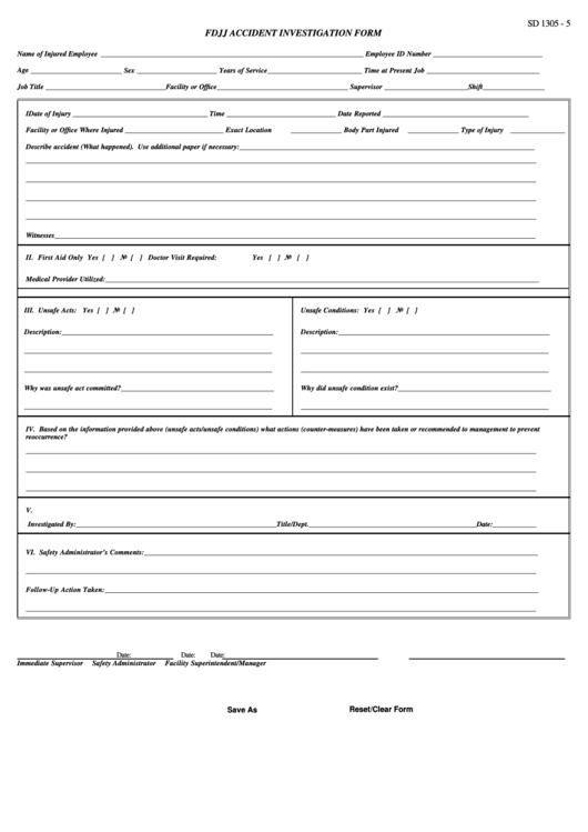Fillable Form Sd1305 - 5 - Fdjj Accident Investigation Printable pdf