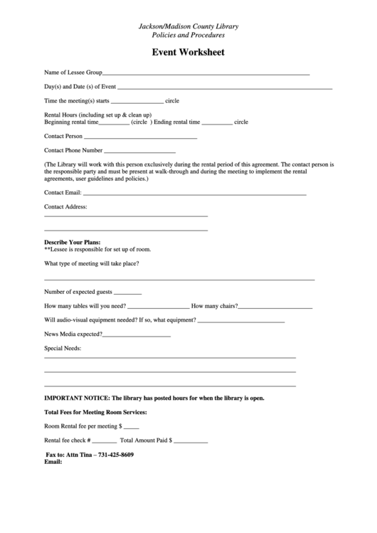 Lessee Group Event Worksheet And Rental Agreement Form Printable pdf