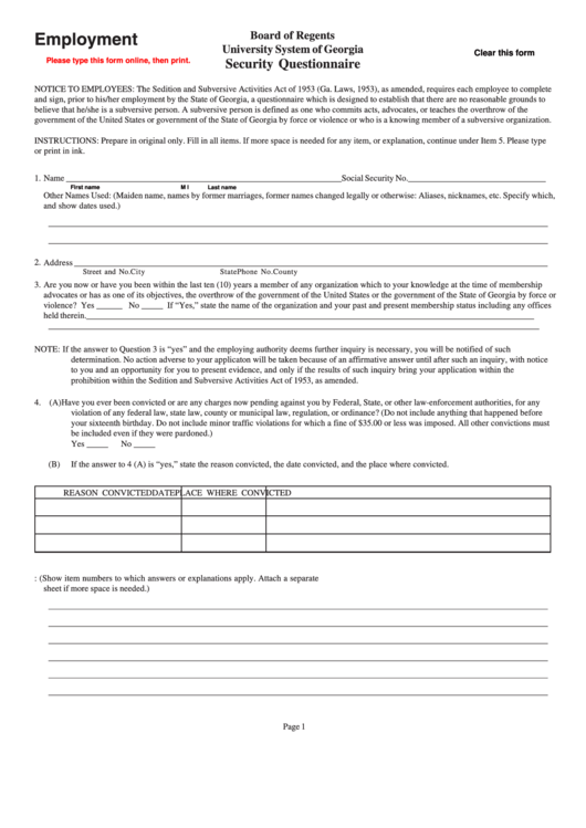 Fillable Form Uga Hr - Security Questionnaire -University System Of Georgia Printable pdf