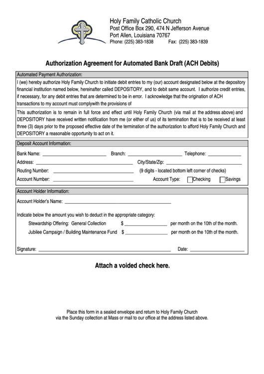 Authorization Agreement For Automated Bank Draft (Ach Debits) Form Printable pdf