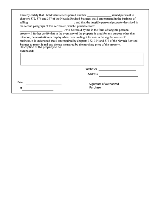Fillable Form And Contents Of Resale Certificate - Nevada Department Of Taxation Printable pdf