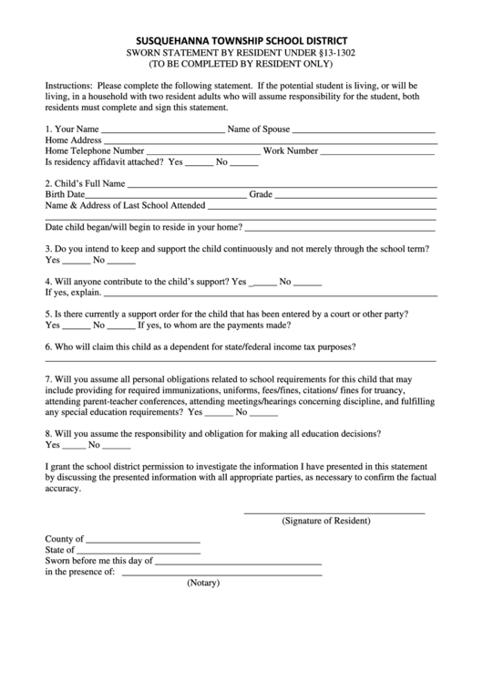 Sworn Statement By Resident Form Printable pdf