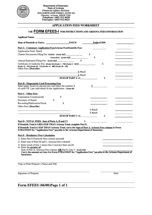 Form Efees-I-Application Fees Worksheet June 2000 Printable pdf