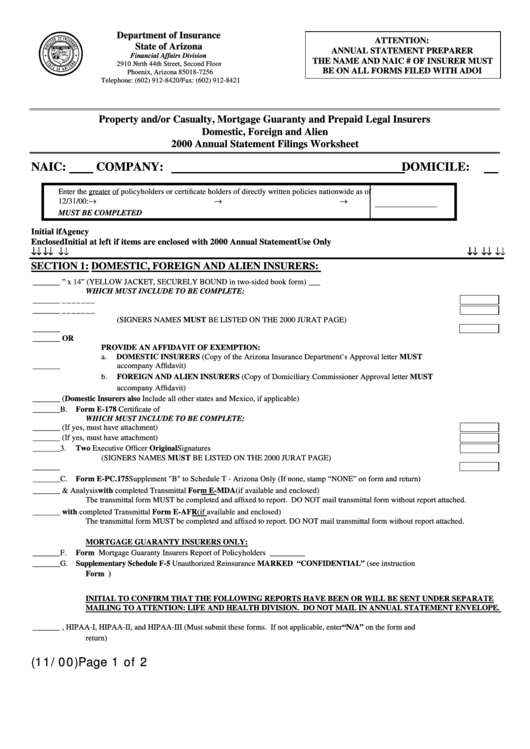 Form E-Pc.as-Annual Statement Filings Worksheet November 2000 Printable pdf
