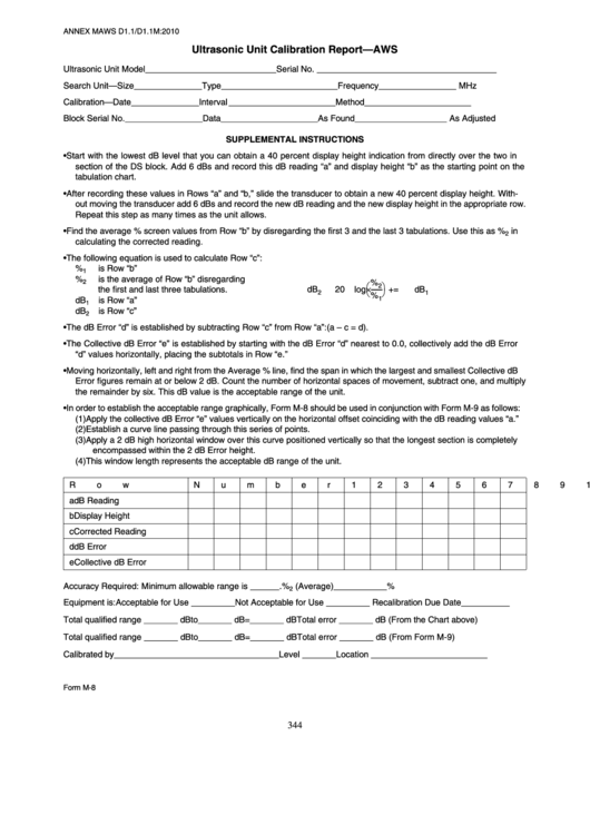 Form M-8 - Ultrasonic Unit Calibration Report - Aws