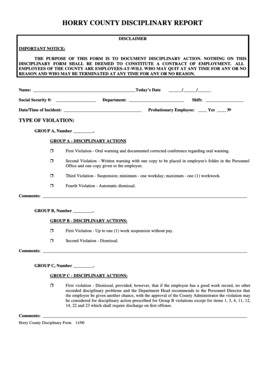 Horry County Disciplinary Report Form November 2000 Printable pdf