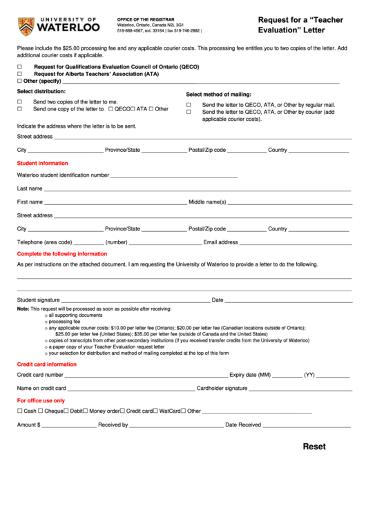 Fillable Request For "Teacher Evaluation" Letter Form Printable pdf