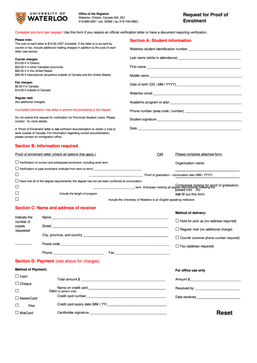 Fillable Request For Proof Of Enrolment Form Printable pdf