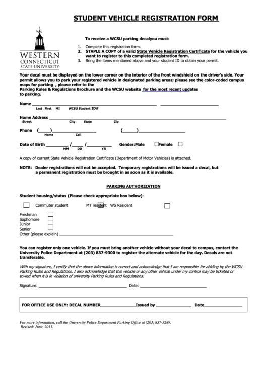 Fillable Student Vehicle Registration Form Printable pdf