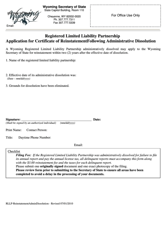 Fillable Registered Limited Liability Partnership - Application For Certificate Of Reinstatement Following Administrative Dissolution - Wyoming Secretary Of State Printable pdf