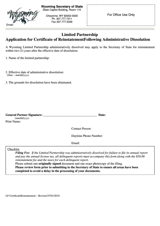 Fillable Limited Partnership Application For Certificate Of Reinstatement Following Administrative Dissolution - Wyoming Secretary Of State Printable pdf