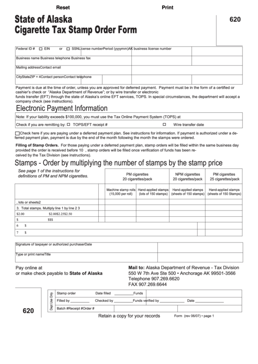 Fillable Form 620 Cigarette Tax Stamp Order Form Printable pdf