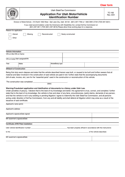 Fillable Form Tc 162 Application For Utah Motor Vehicle 