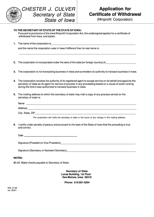 Form 635_0128 - Application For Certificate Of Withdrawal (Nonprofit Corporation) - 2001 Printable pdf