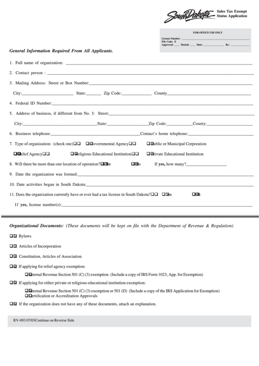 Fillable Form Rv-093 - Sales Tax Exempt Status Application - 2003 Printable pdf