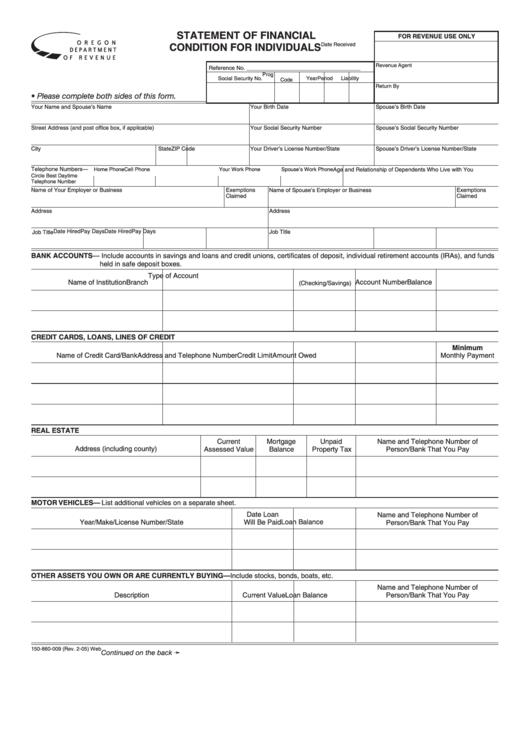 Fillable Form 150-860-009 - Statement Of Financial Condition For Individuals - Oregon Department Of Revenue Printable pdf