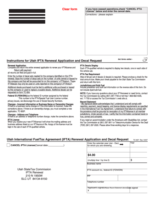 Fillable Form Tc-937 Utah International Fuel Tax Agreement (Ifta) Renewal Application And Decal Request Printable pdf