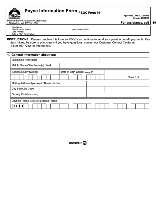 Pbgc Form 701 - Payee Information Form - 2008 Printable pdf