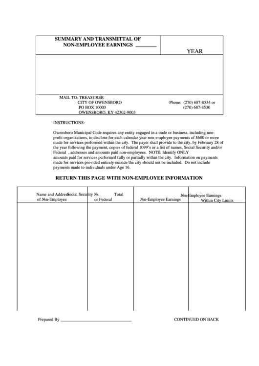 Summary And Transmittal Of Non-Employee Earnings Form Printable pdf
