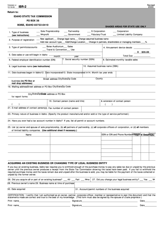 Form Ibr2 - Business Registration - Idaho State Tax Commission Printable pdf
