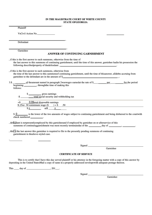 Fillable Answer Of Continuing Garnishment Form - State Of Georgia Printable pdf