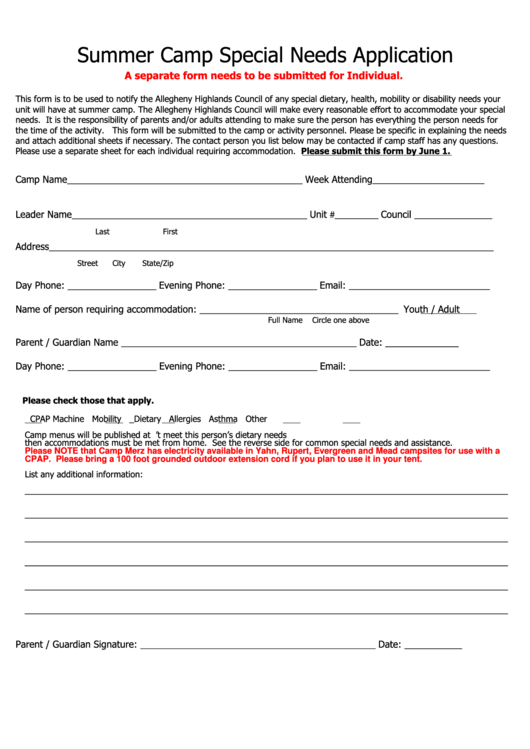 Summer Camp Special Needs Application Form